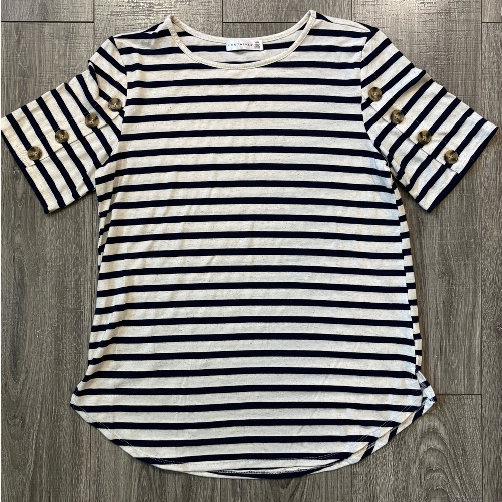 Classic Navy Striped Short Sleeve Tee with Button Details
(0170)